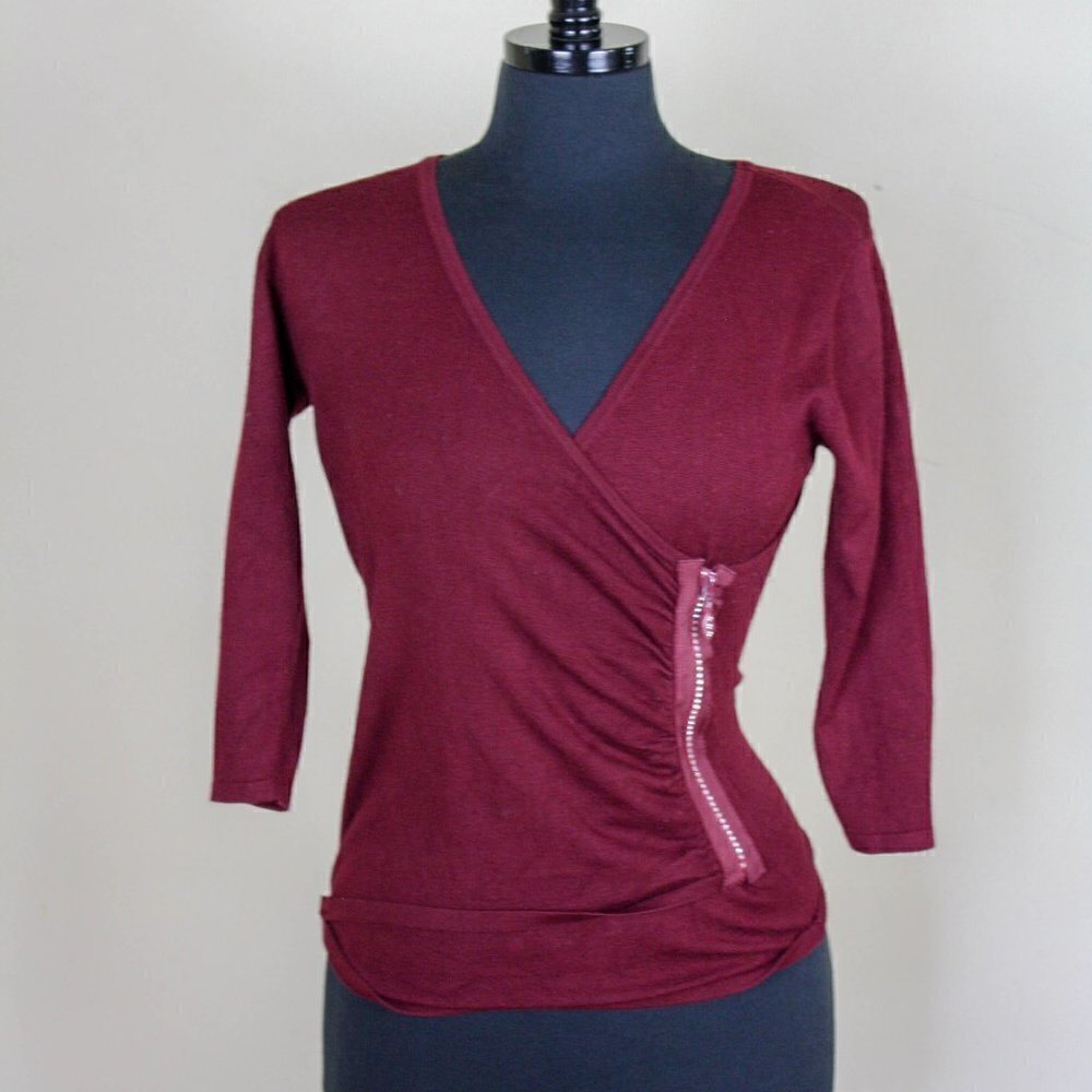 Say What? Burgundy Wrap Sweater Rhinestone…